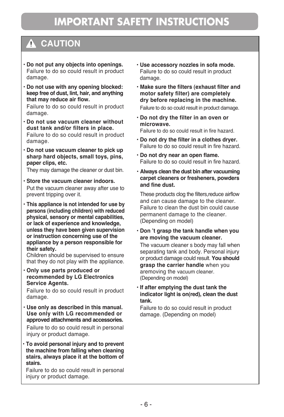 Important safety instructions, Caution | LG VC39172H User Manual | Page 6 / 16