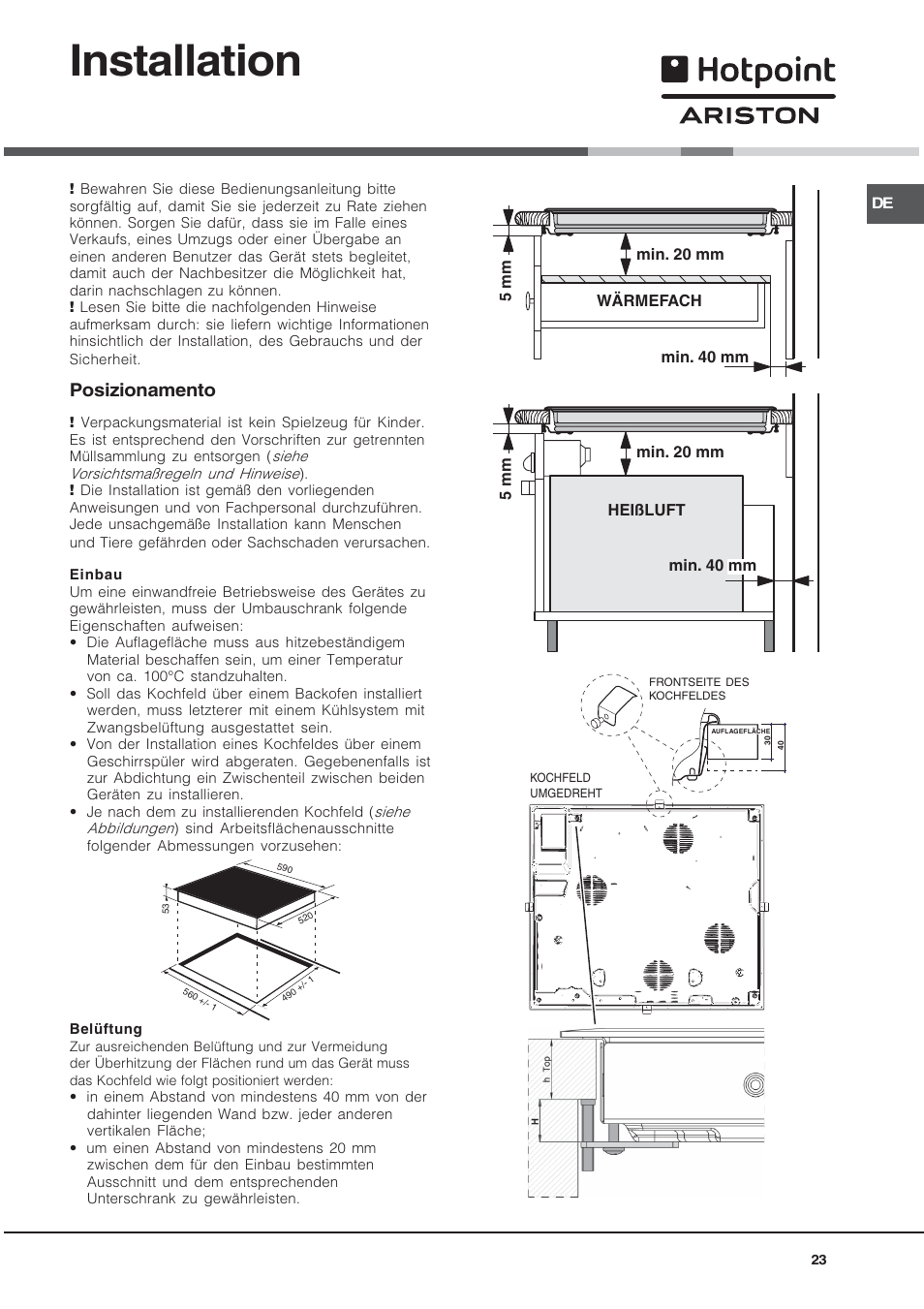 Installation, Posizionamento | Hotpoint Ariston KRH 642 DO X User Manual | Page 23 / 36