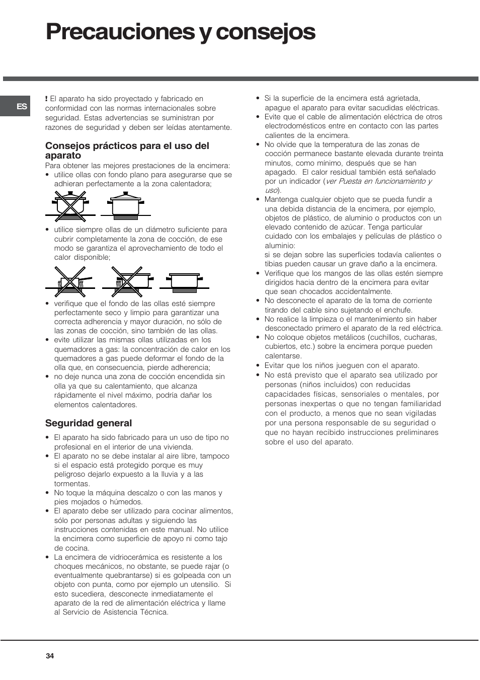 Precauciones y consejos, Consejos prácticos para el uso del aparato, Seguridad general | Hotpoint Ariston KRH 642 DO X User Manual | Page 34 / 36