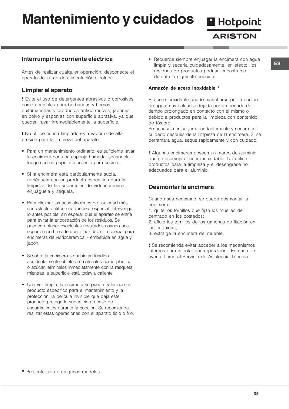 Mantenimiento y cuidados | Hotpoint Ariston KRH 642 DO X User Manual | Page 35 / 36