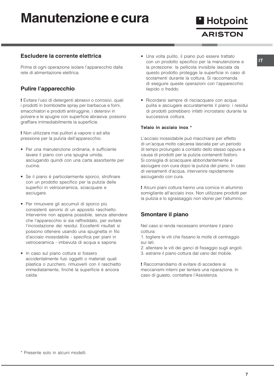 Manutenzione e cura, Escludere la corrente elettrica, Pulire lapparecchio | Smontare il piano | Hotpoint Ariston KRH 642 DO X User Manual | Page 7 / 36