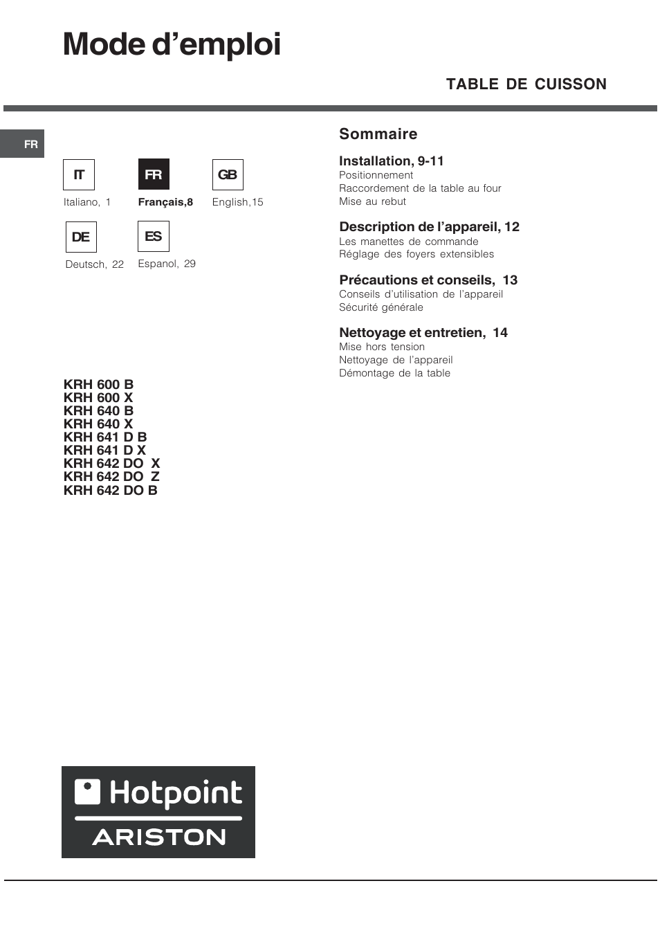 Mode demploi, Table de cuisson sommaire | Hotpoint Ariston KRH 642 DO X User Manual | Page 8 / 36