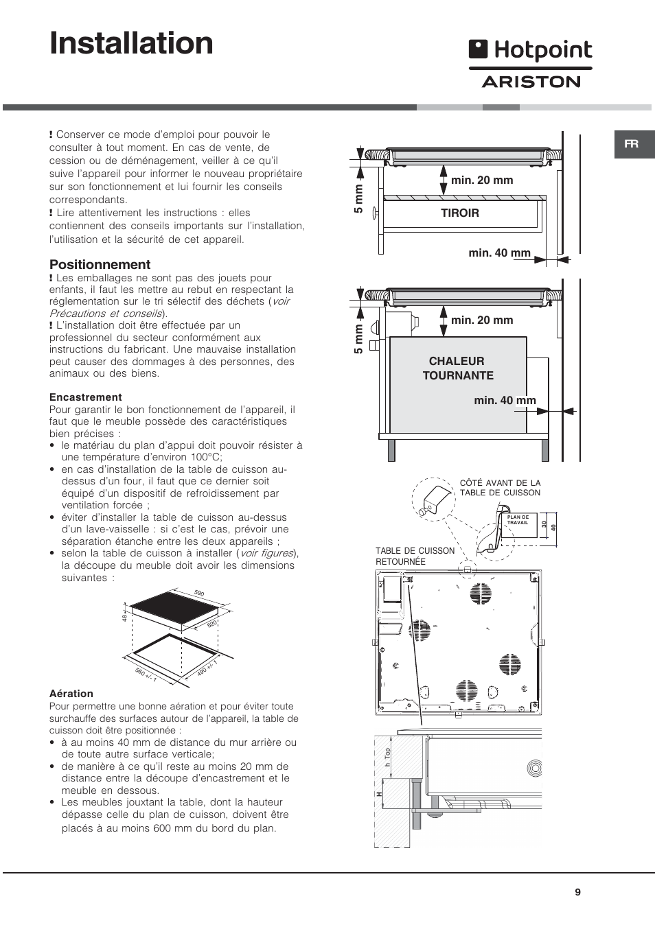 Installation, Positionnement | Hotpoint Ariston KRH 642 DO X User Manual | Page 9 / 36