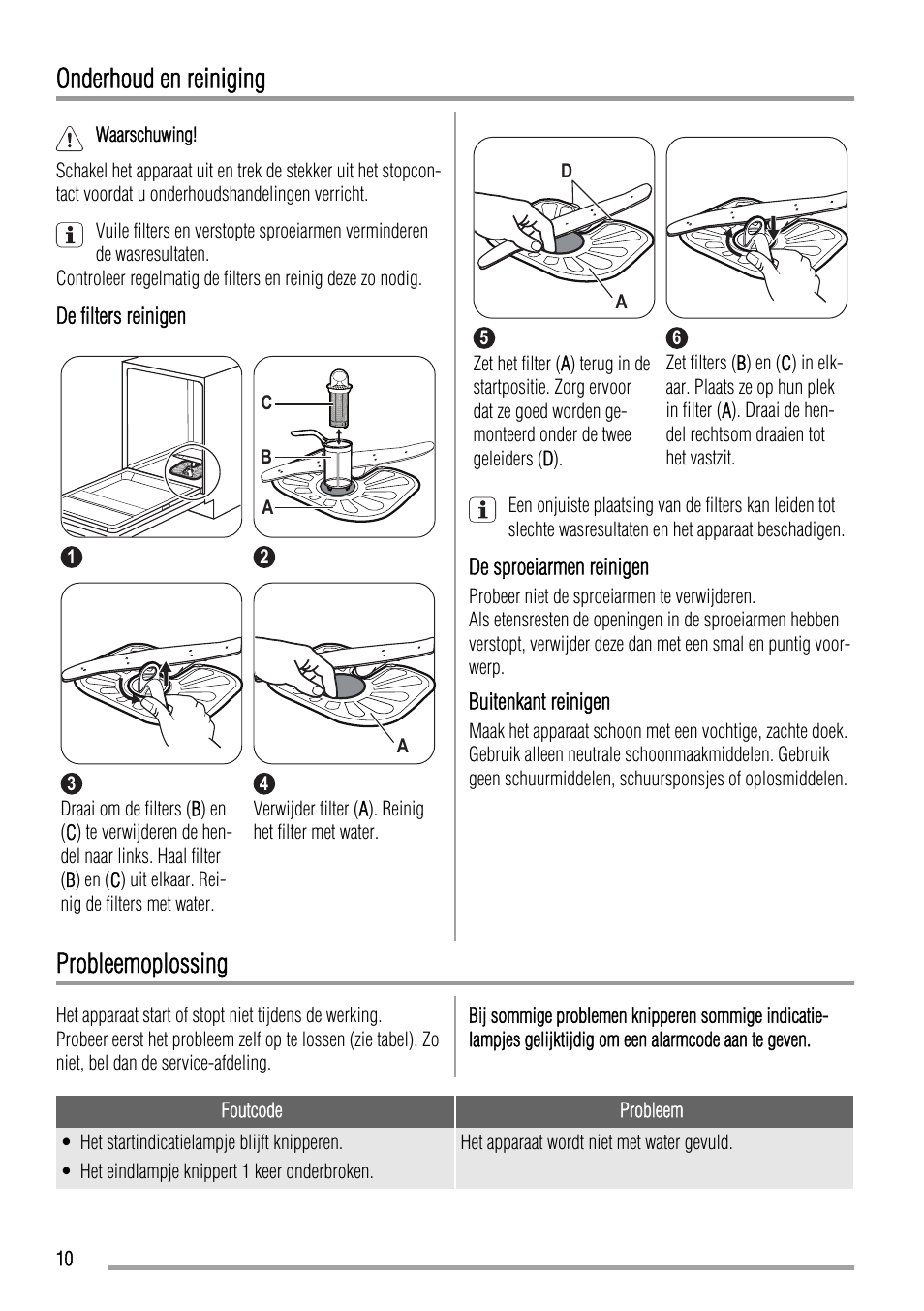 Onderhoud en reiniging, Probleemoplossing | Zanussi ZDI11002WA User Manual | Page 10 / 52