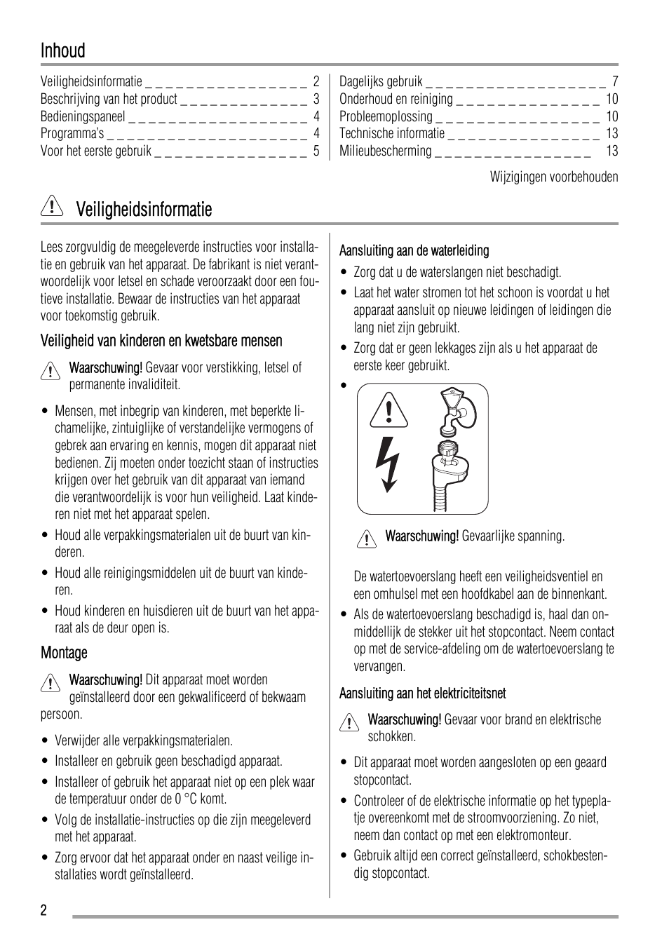 Inhoud, Veiligheidsinformatie | Zanussi ZDI11002WA User Manual | Page 2 / 52