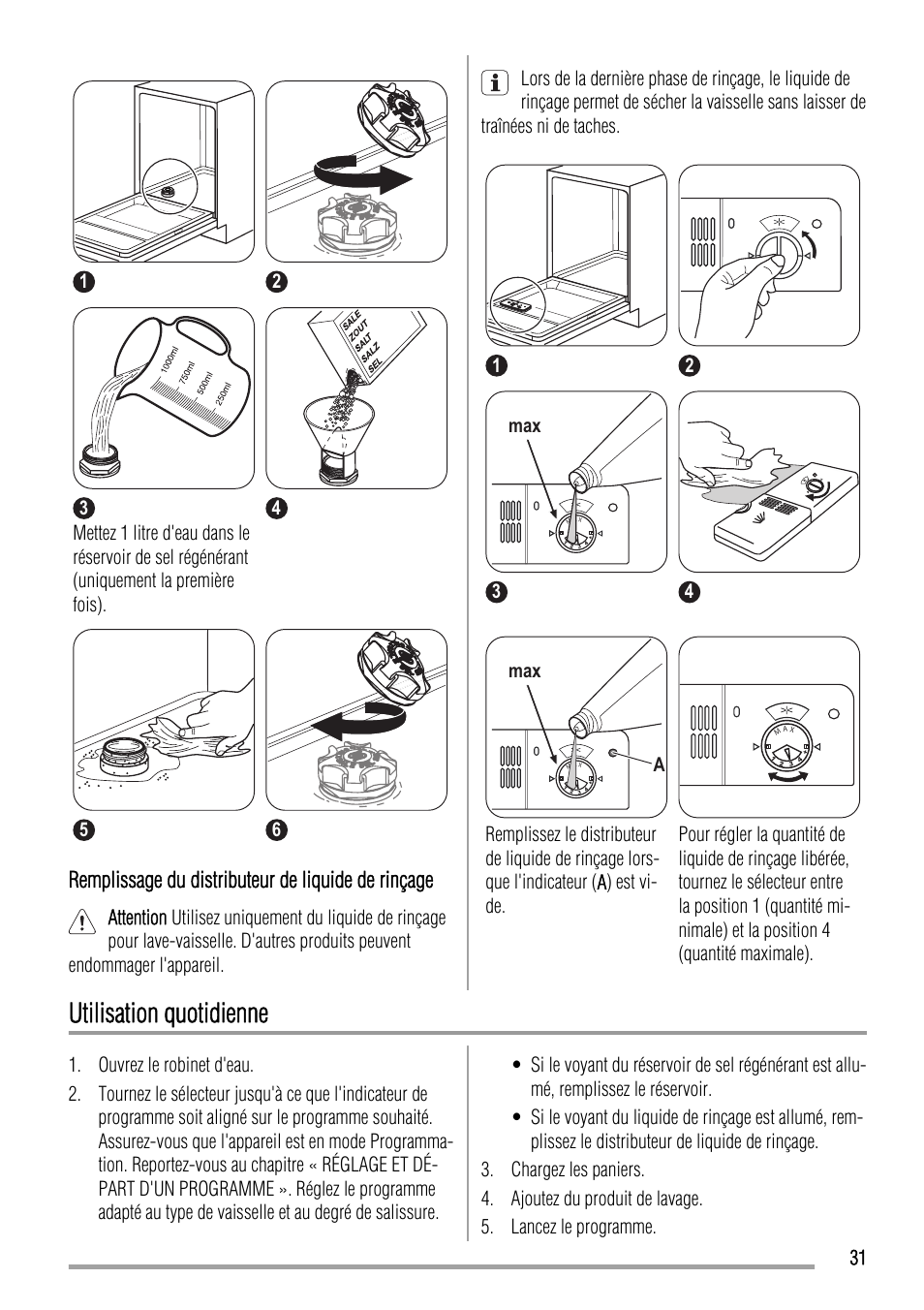 Utilisation quotidienne, Remplissage du distributeur de liquide de rinçage | Zanussi ZDI11002WA User Manual | Page 31 / 52