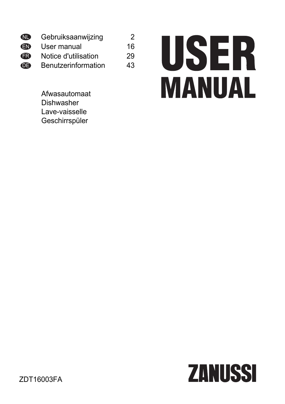 Zanussi ZDT16003FA User Manual | 60 pages