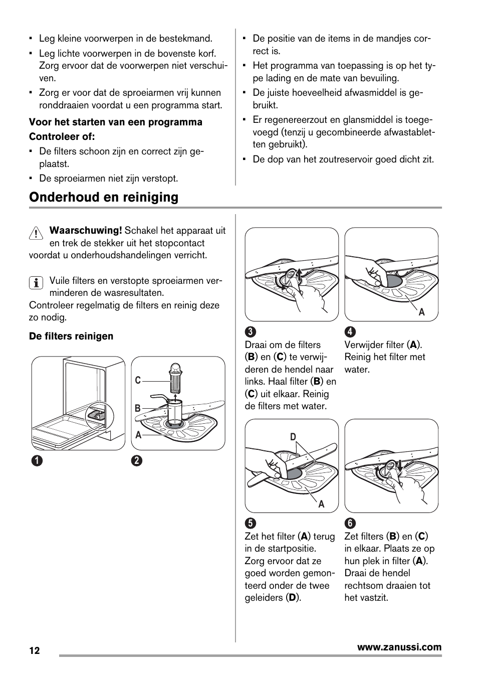 Onderhoud en reiniging | Zanussi ZDT16003FA User Manual | Page 12 / 60