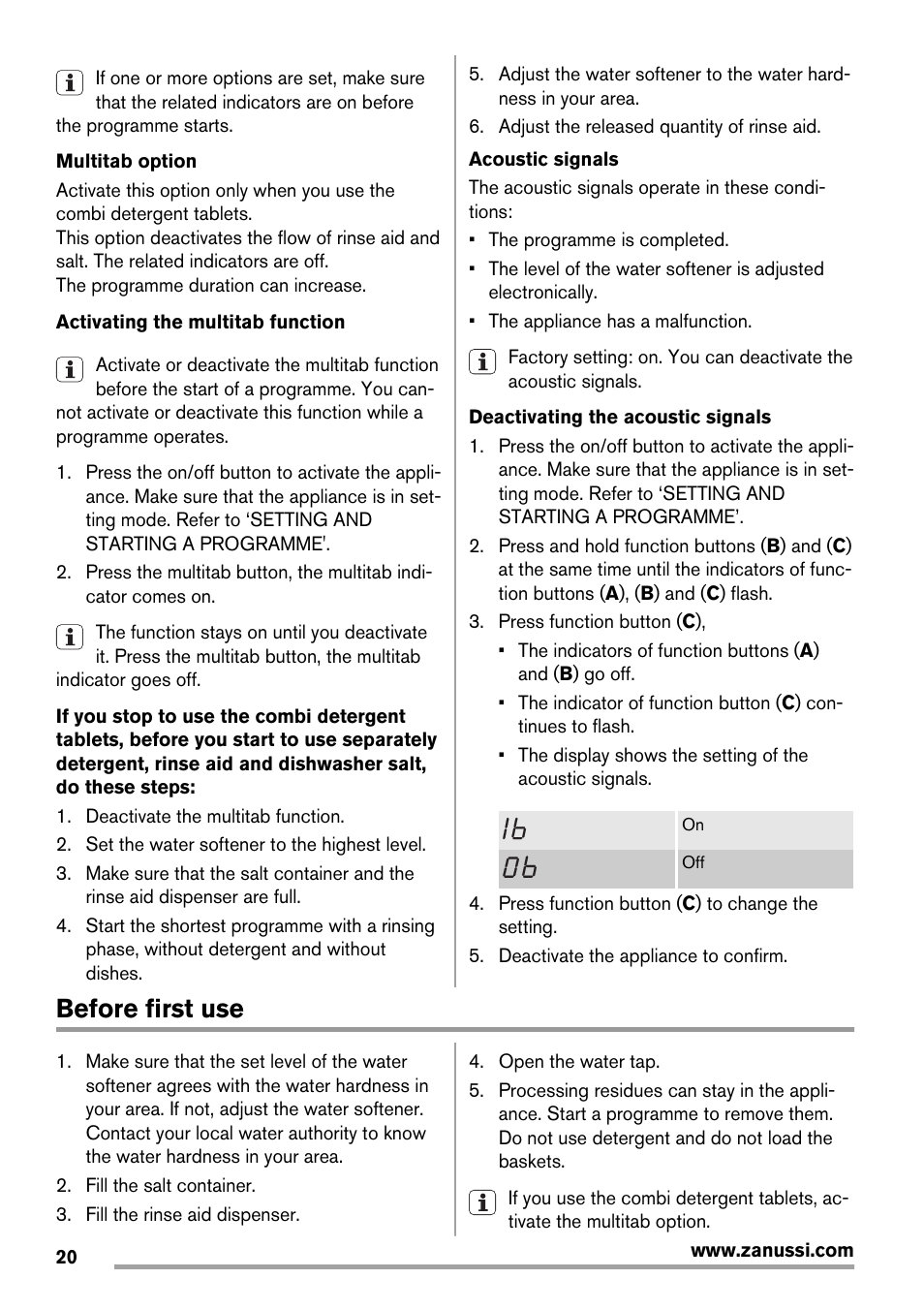 Before first use | Zanussi ZDT16003FA User Manual | Page 20 / 60