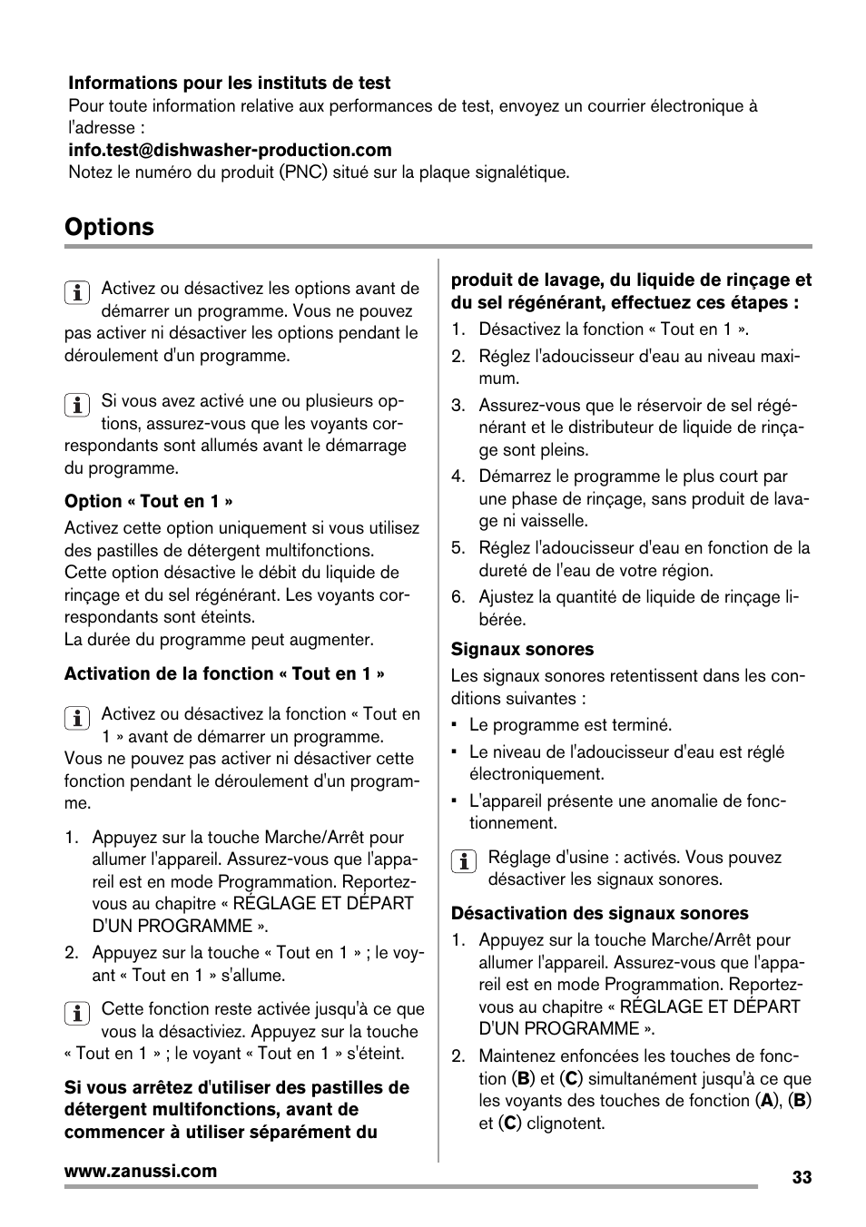 Options | Zanussi ZDT16003FA User Manual | Page 33 / 60