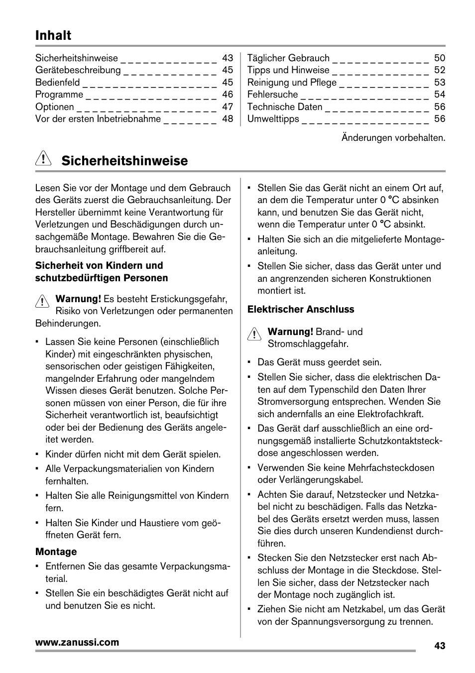 Inhalt, Sicherheitshinweise | Zanussi ZDT16003FA User Manual | Page 43 / 60