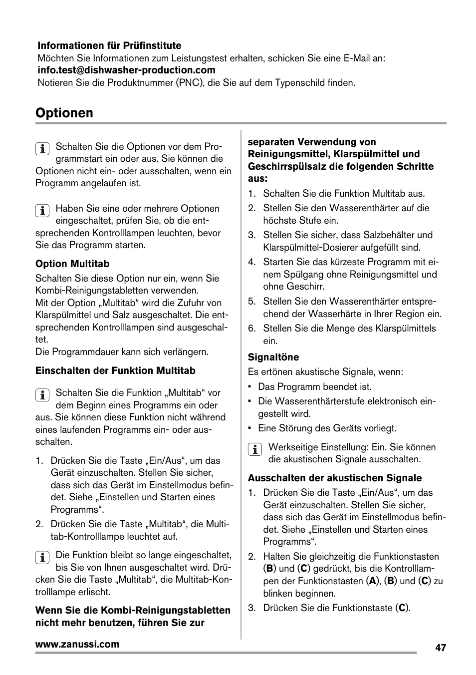 Optionen | Zanussi ZDT16003FA User Manual | Page 47 / 60