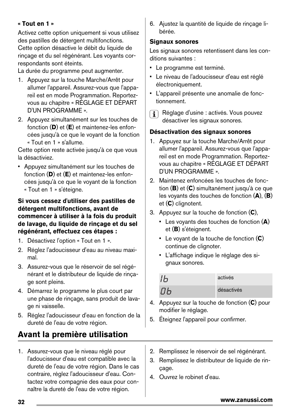 Avant la première utilisation | Zanussi ZDT16011FA User Manual | Page 32 / 72