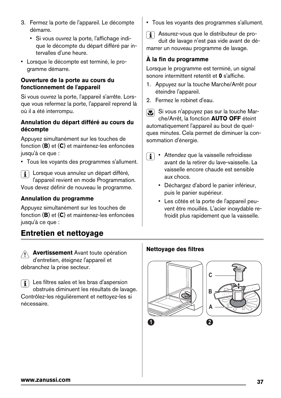 Entretien et nettoyage | Zanussi ZDT16011FA User Manual | Page 37 / 72