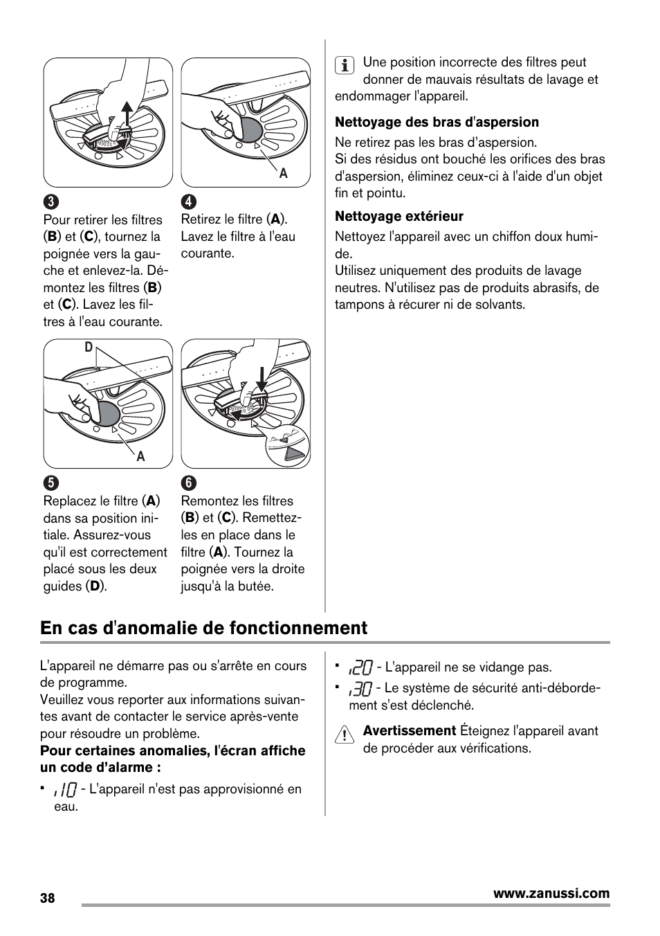 En cas d'anomalie de fonctionnement | Zanussi ZDT16011FA User Manual | Page 38 / 72