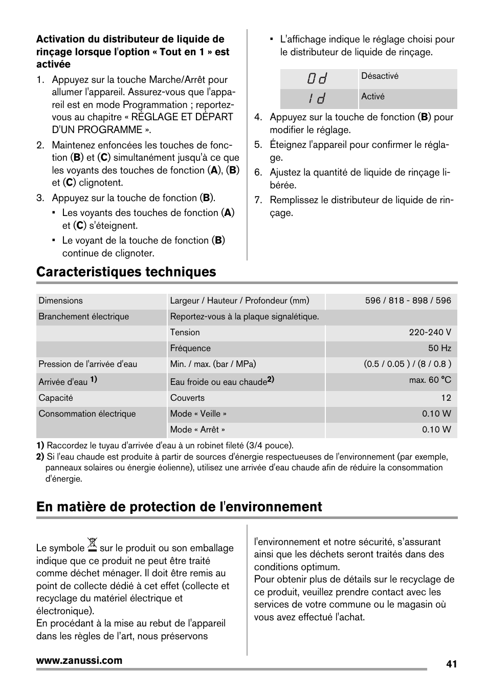 Caracteristiques techniques, En matière de protection de l'environnement | Zanussi ZDT16011FA User Manual | Page 41 / 72