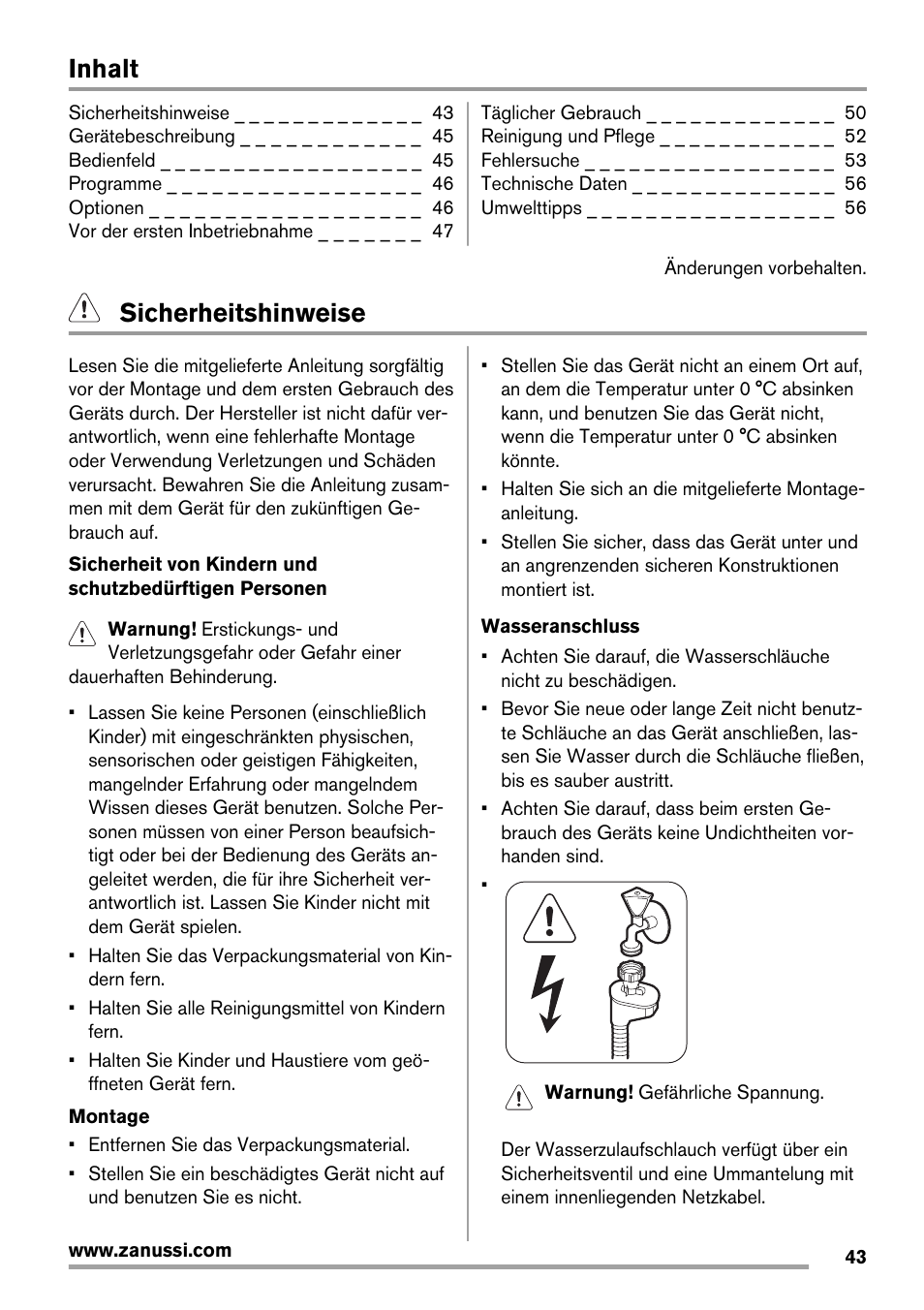 Inhalt, Sicherheitshinweise | Zanussi ZDT16011FA User Manual | Page 43 / 72