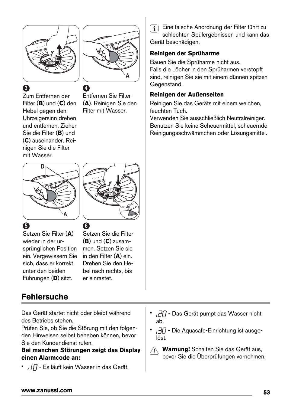 Fehlersuche | Zanussi ZDT16011FA User Manual | Page 53 / 72