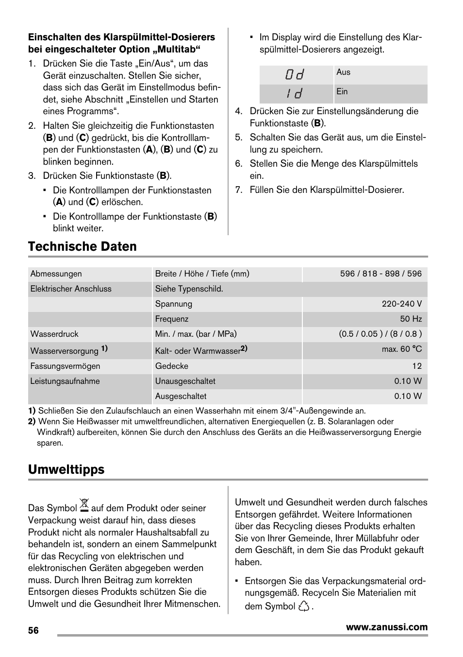 Technische daten, Umwelttipps | Zanussi ZDT16011FA User Manual | Page 56 / 72