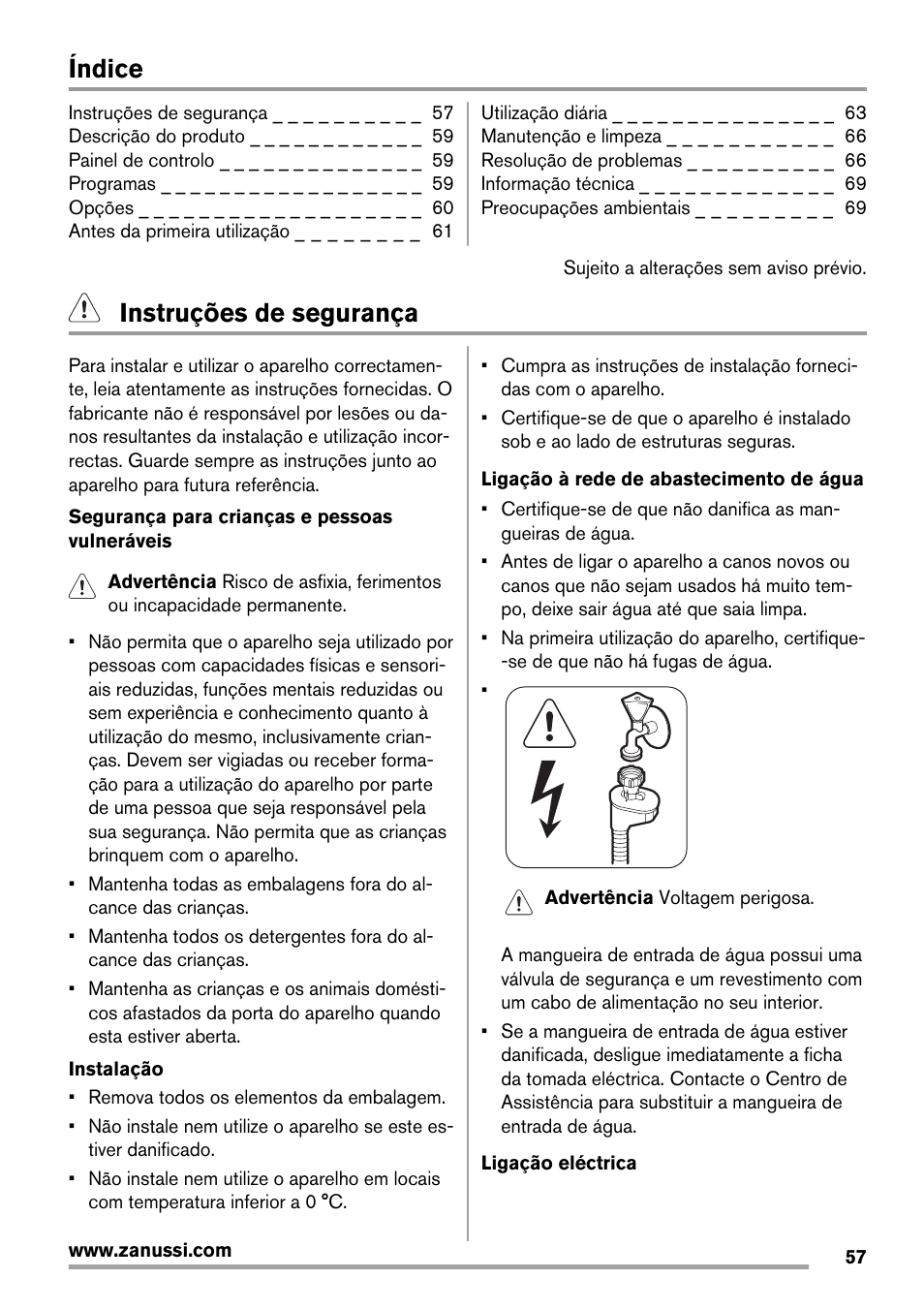 Índice, Instruções de segurança | Zanussi ZDT16011FA User Manual | Page 57 / 72