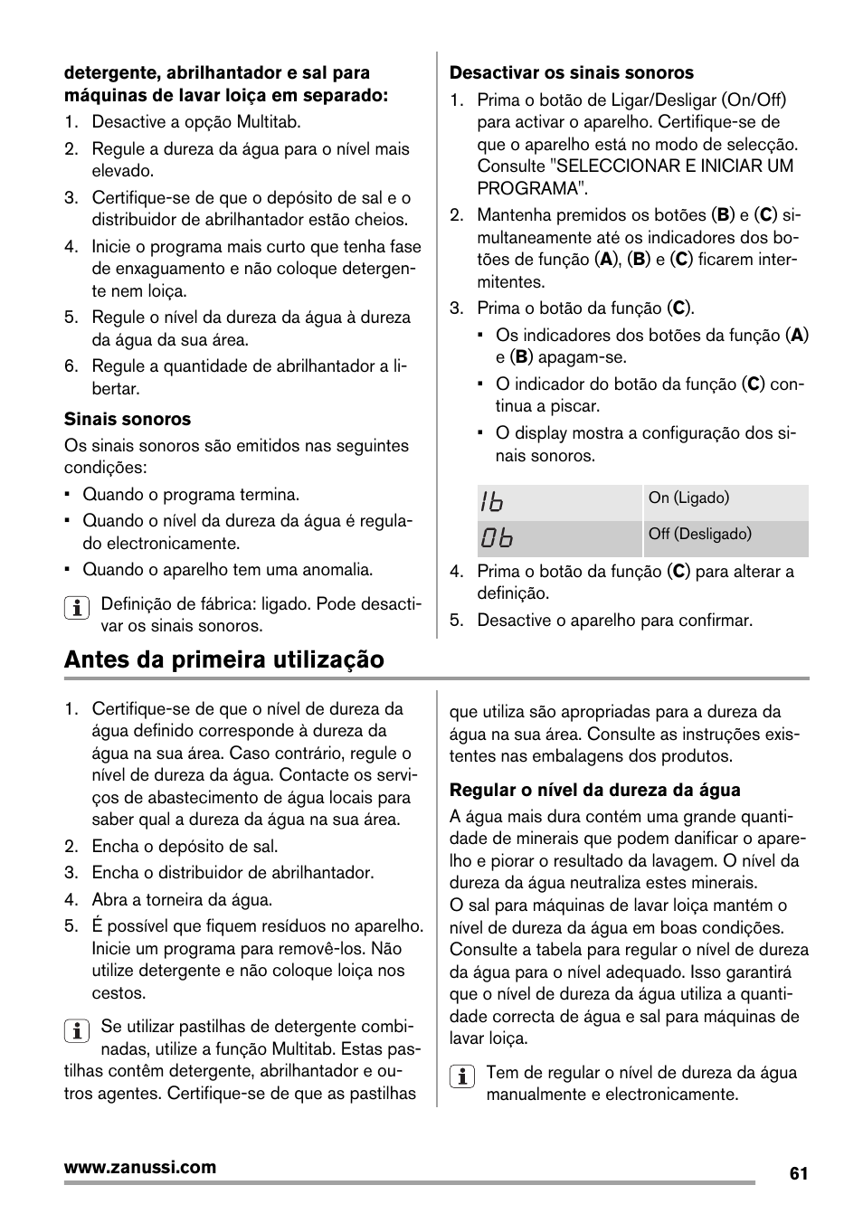 Antes da primeira utilização | Zanussi ZDT16011FA User Manual | Page 61 / 72