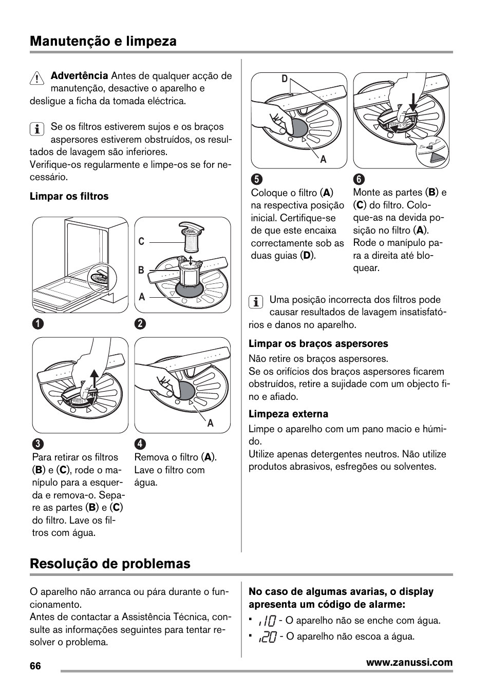 Manutenção e limpeza, Resolução de problemas | Zanussi ZDT16011FA User Manual | Page 66 / 72