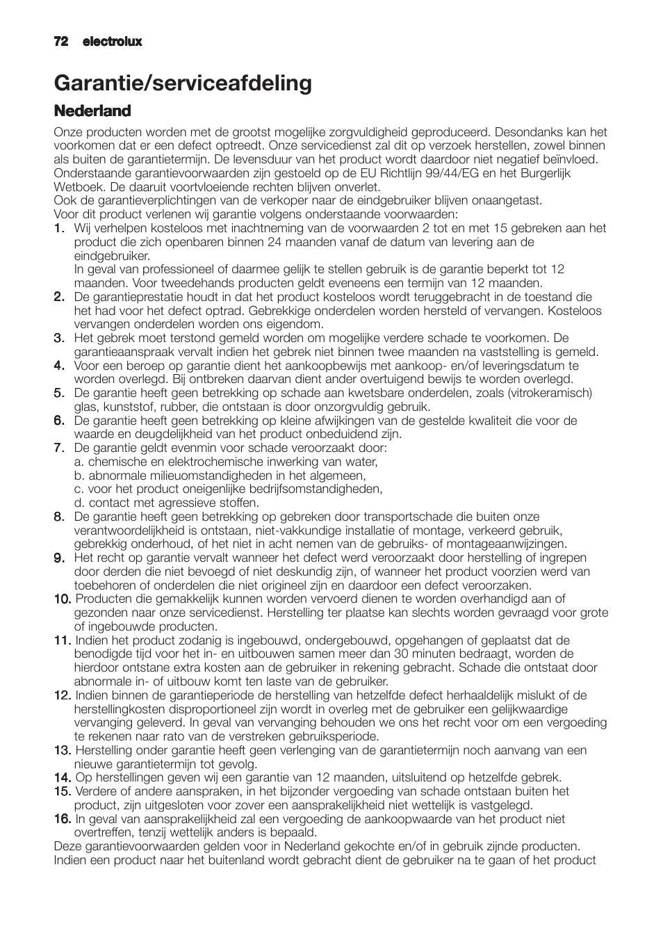 Garantie/serviceafdeling, Nederland | Zanussi ZHC9244X User Manual | Page 72 / 84
