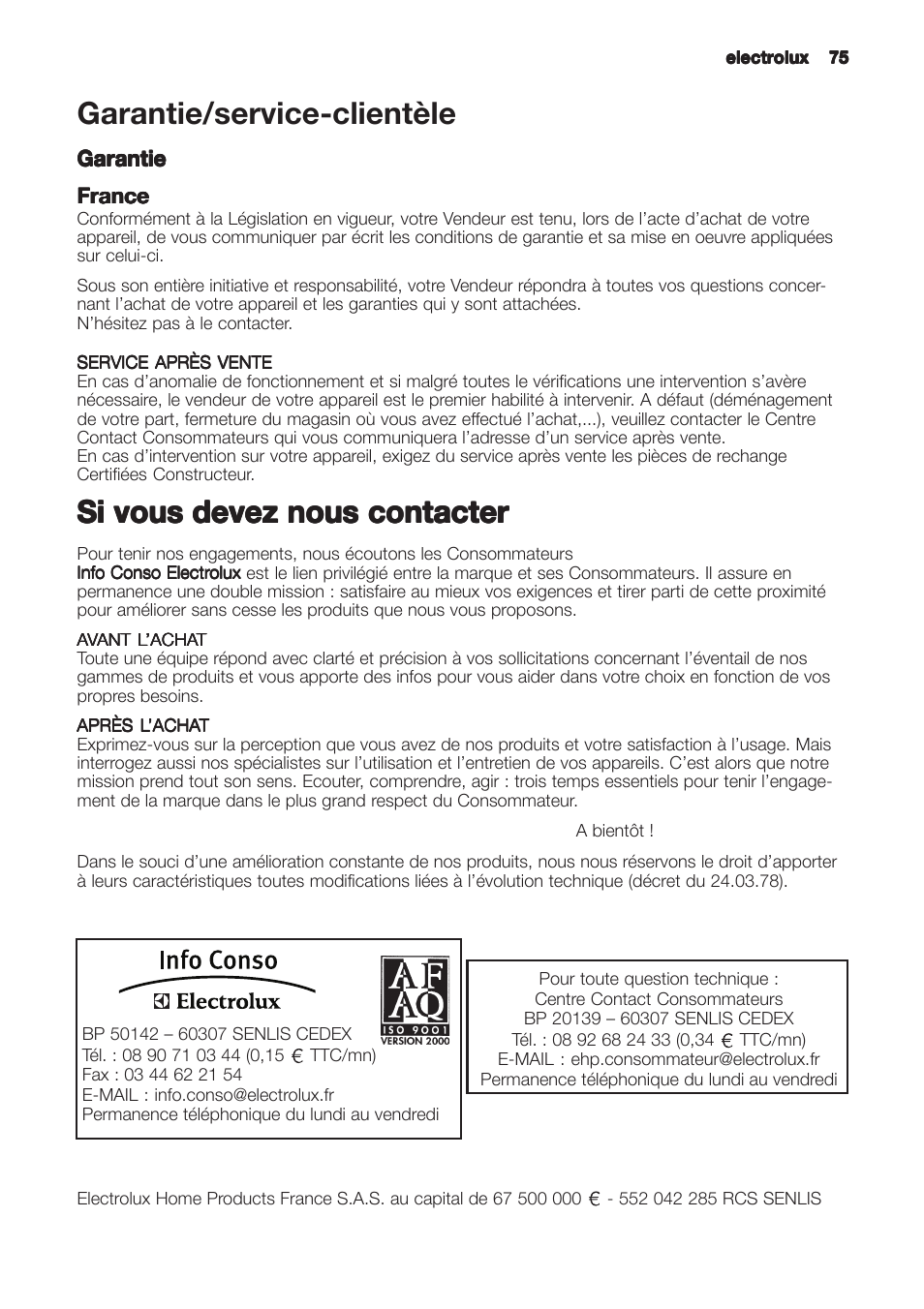 Garantie/service-clientèle, Si vous devez nous contacter | Zanussi ZHC9244X User Manual | Page 75 / 84