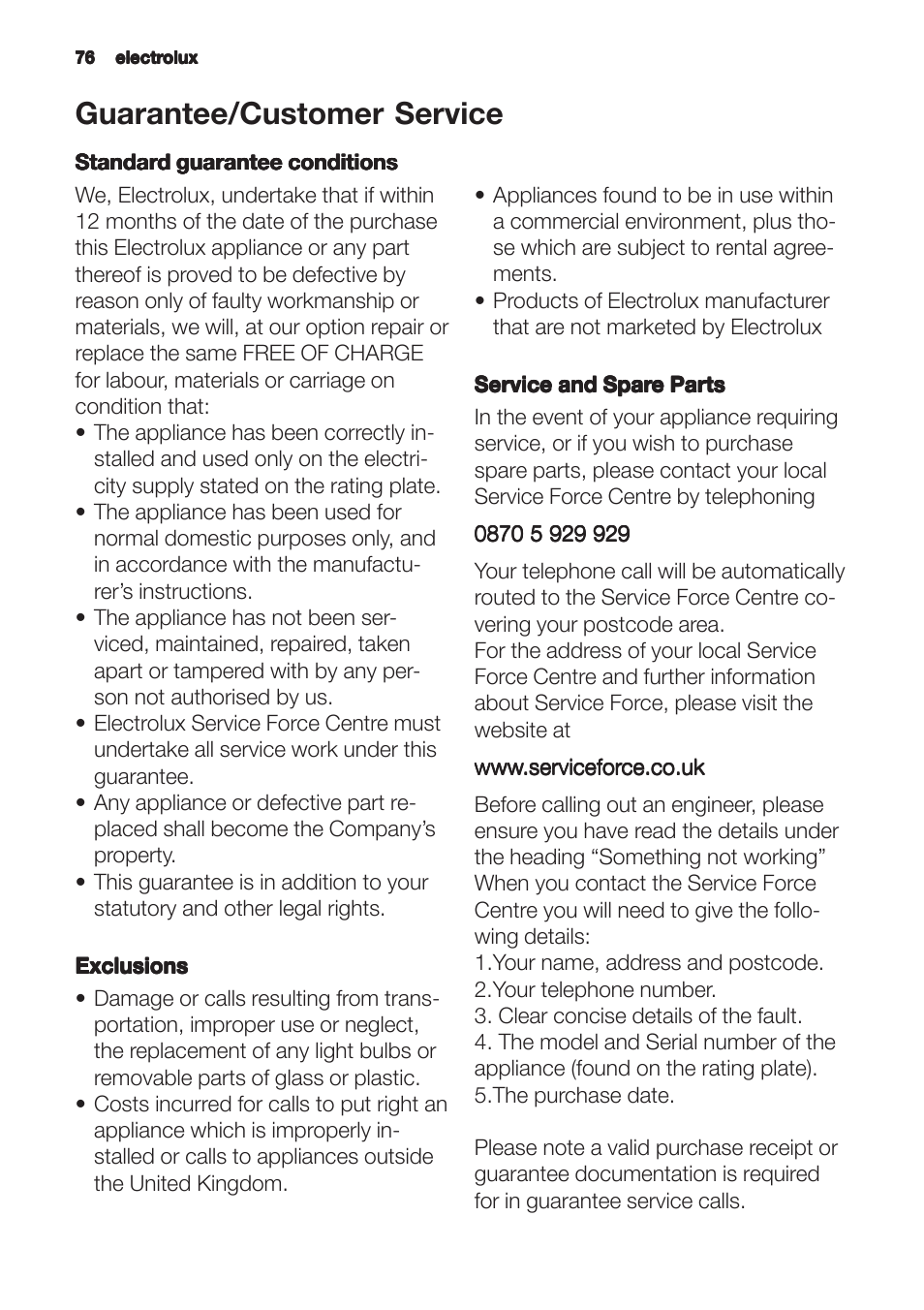 Guarantee/customer service | Zanussi ZHC9244X User Manual | Page 76 / 84