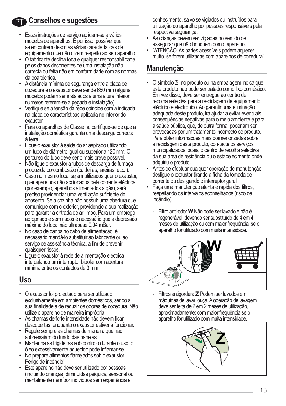 Conselhos e sugestões, Manutenção | Zanussi ZHC6131X User Manual | Page 13 / 68