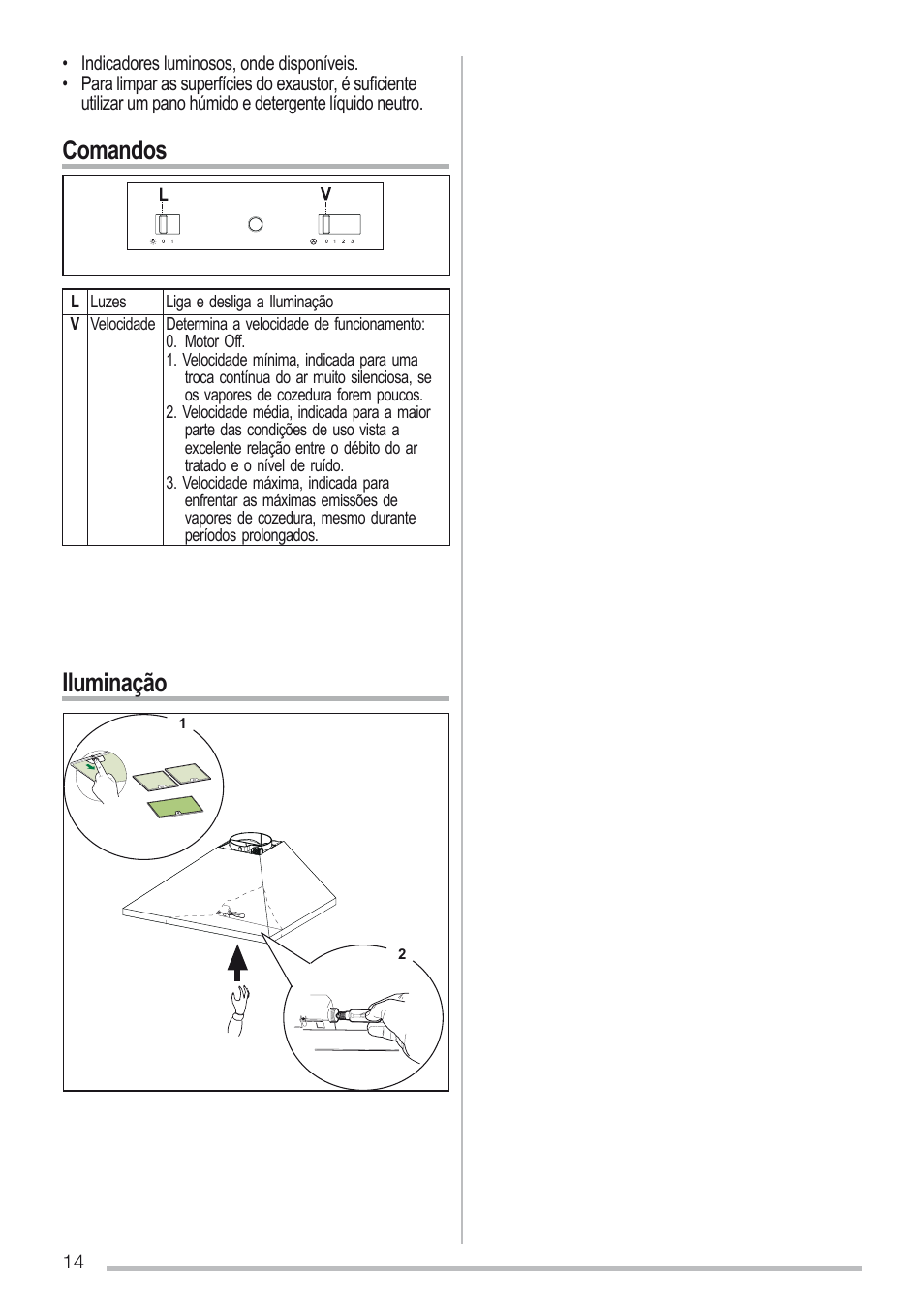 Comandos iluminação | Zanussi ZHC6131X User Manual | Page 14 / 68