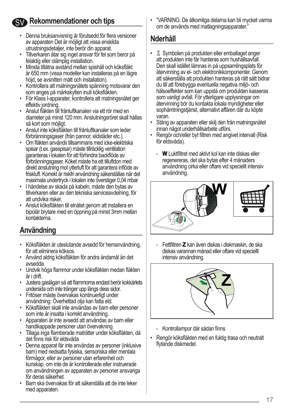 Rekommendationer och tips, Användning, Nderhåll | Zanussi ZHC6131X User Manual | Page 17 / 68