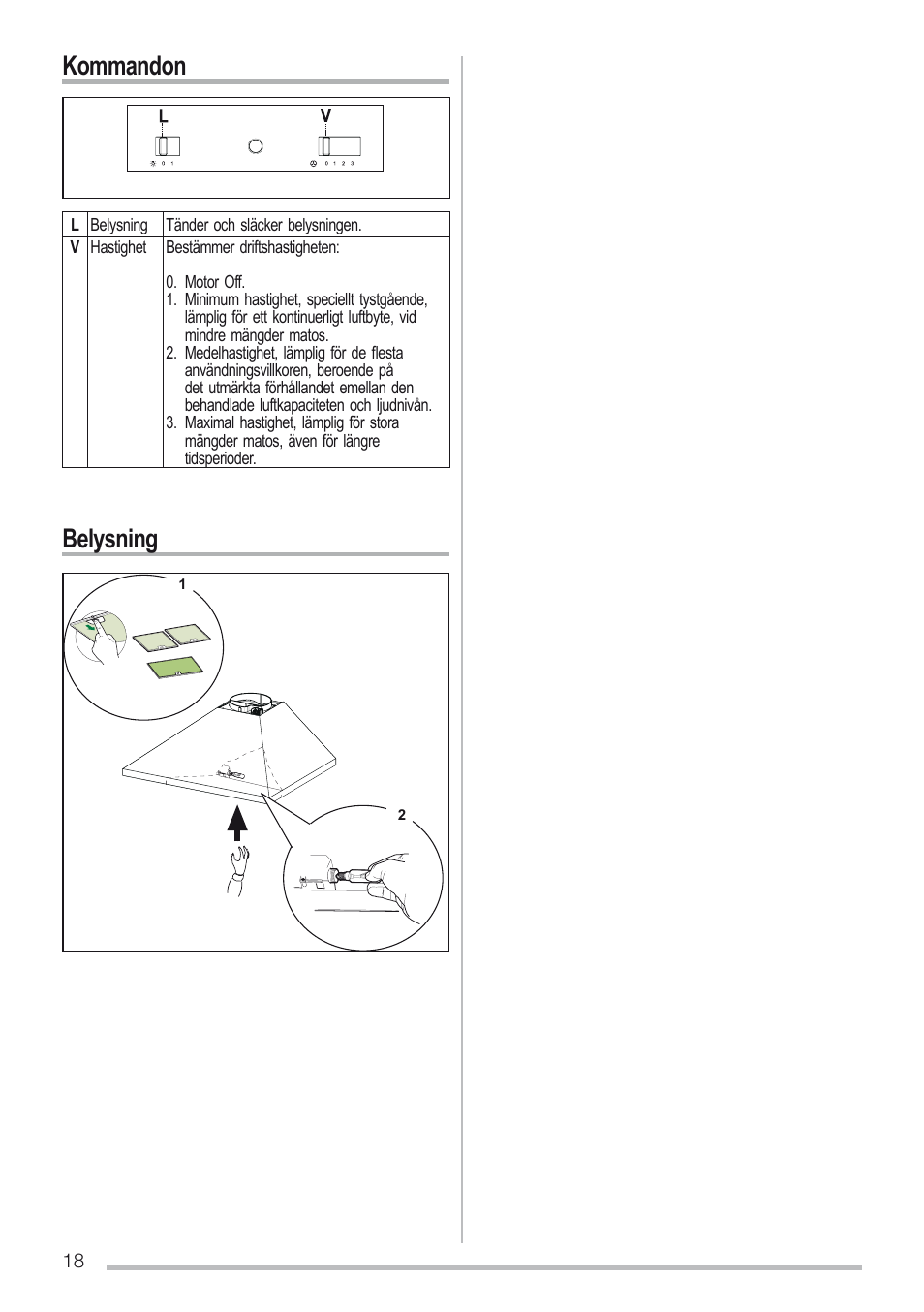 Kommandon belysning | Zanussi ZHC6131X User Manual | Page 18 / 68