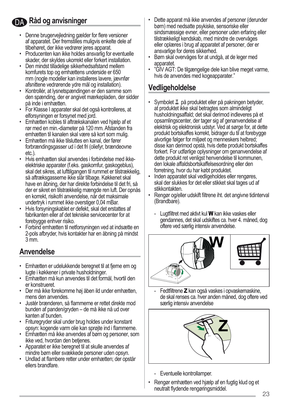 Råd og anvisninger, Anvendelse, Vedligeholdelse | Zanussi ZHC6131X User Manual | Page 23 / 68