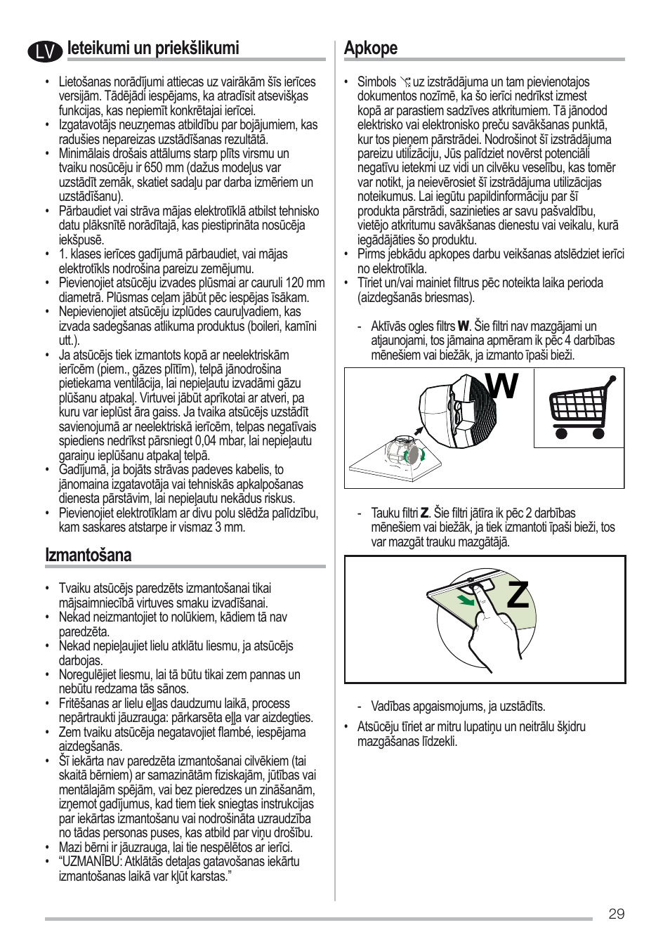 Ieteikumi un priekšlikumi, Izmantošana, Apkope | Zanussi ZHC6131X User Manual | Page 29 / 68