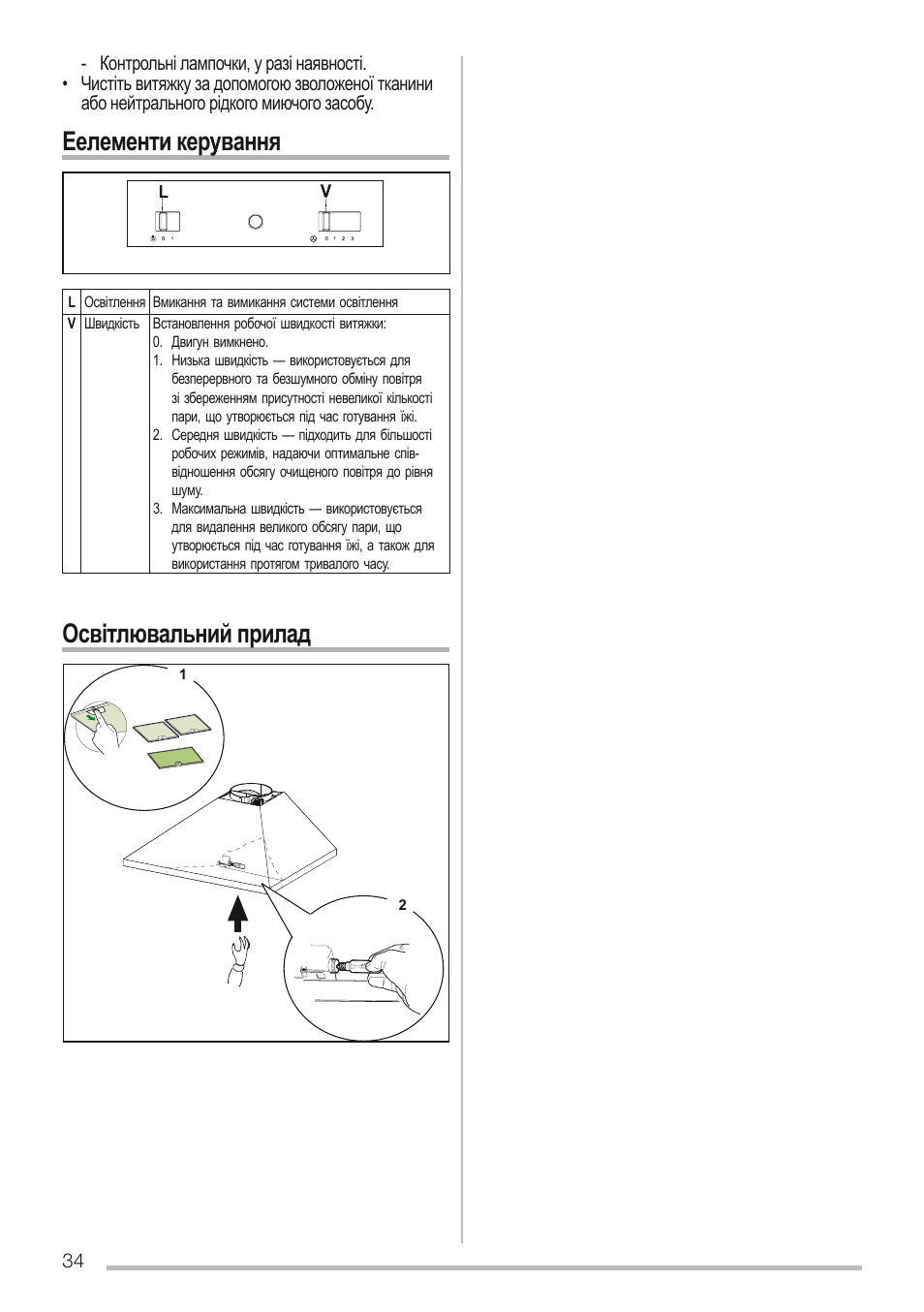 Еелементи керування освітлювальний прилад | Zanussi ZHC6131X User Manual | Page 34 / 68