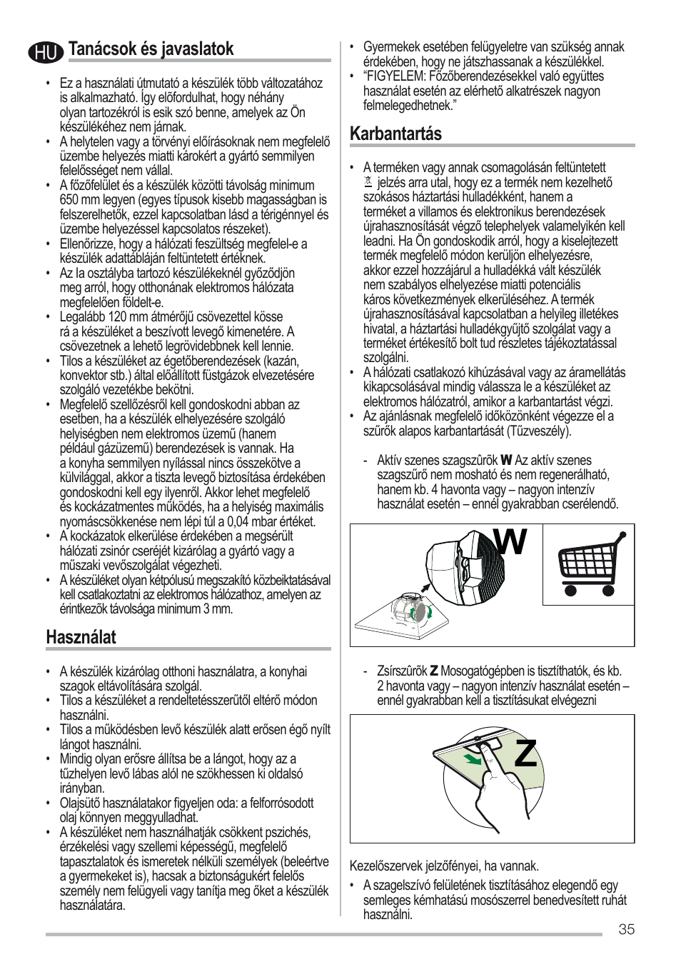 Tanácsok és javaslatok, Használat, Karbantartás | Zanussi ZHC6131X User Manual | Page 35 / 68