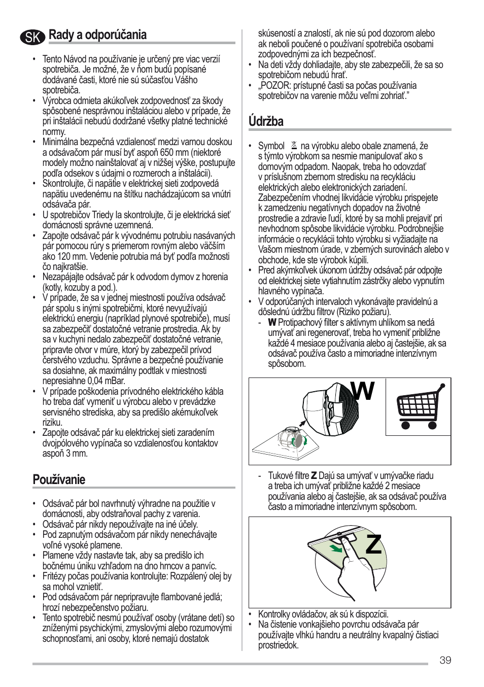 Rady a odporúčania, Používanie, Údržba | Zanussi ZHC6131X User Manual | Page 39 / 68