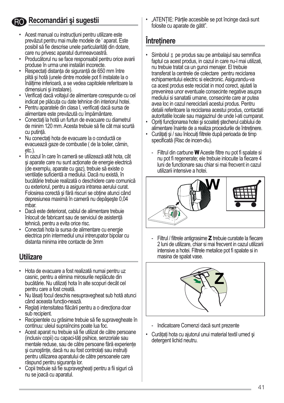 Recomandări şi sugestii, Utilizare, Întreţinere | Zanussi ZHC6131X User Manual | Page 41 / 68