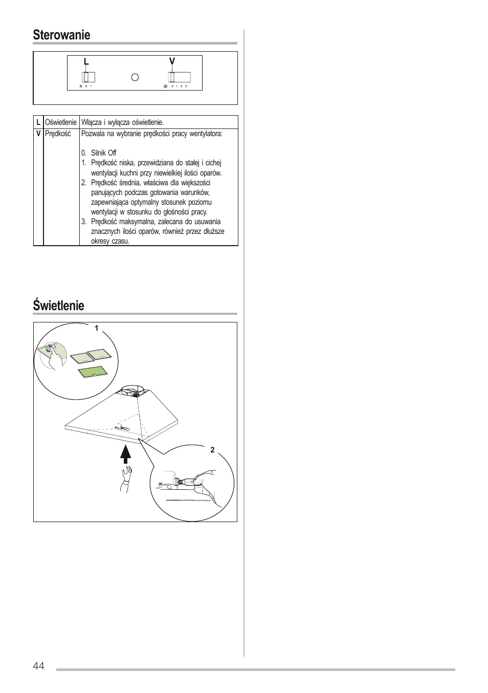 Sterowanie świetlenie | Zanussi ZHC6131X User Manual | Page 44 / 68