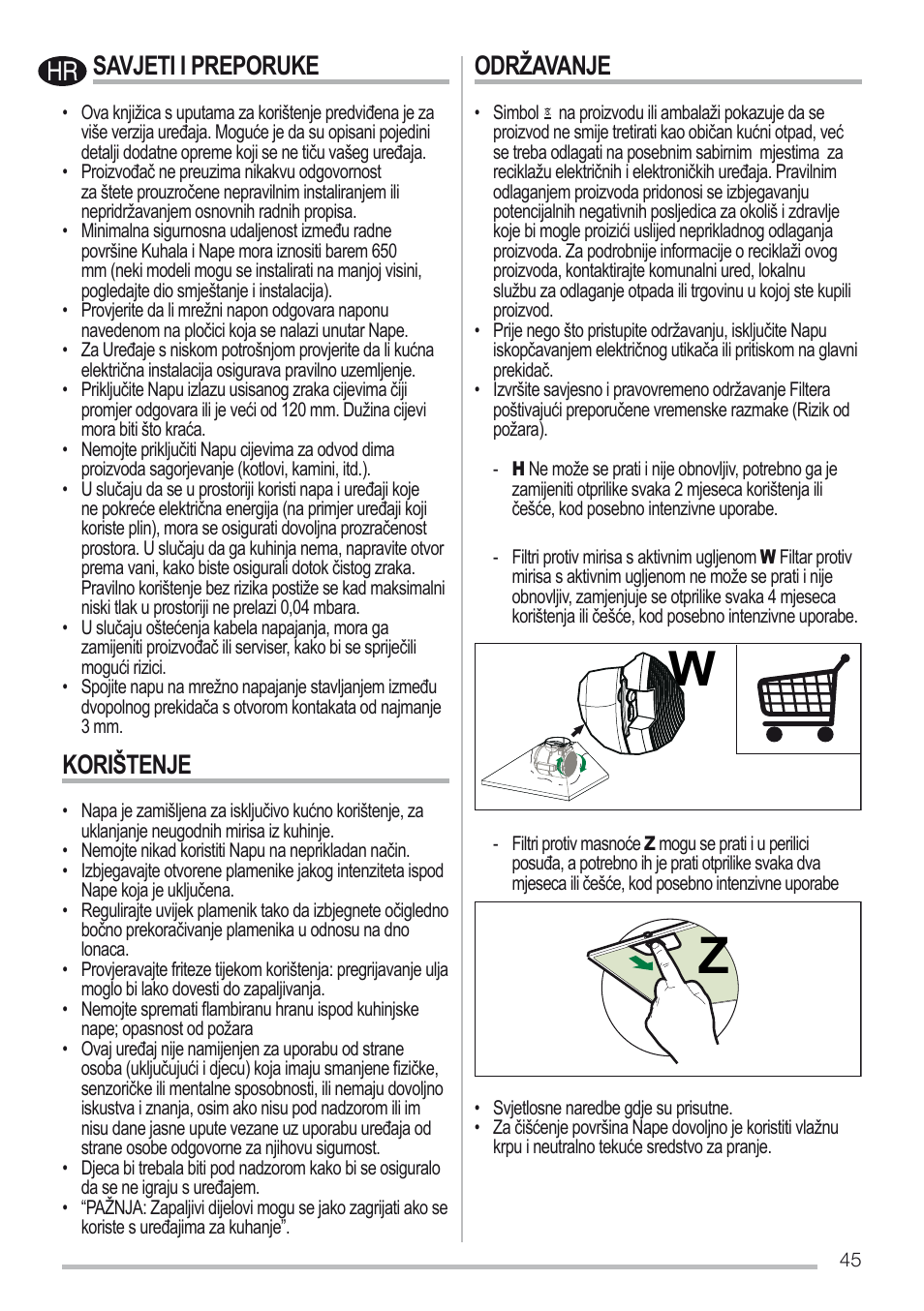 Savjeti i preporuke, Korištenje, Održavanje | Zanussi ZHC6131X User Manual | Page 45 / 68