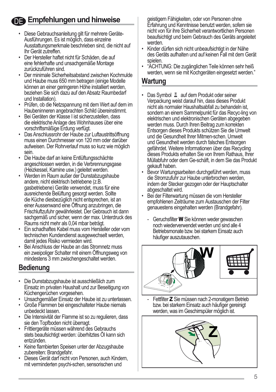 Empfehlungen und hinweise, Bedienung, Wartung | Zanussi ZHC6131X User Manual | Page 5 / 68