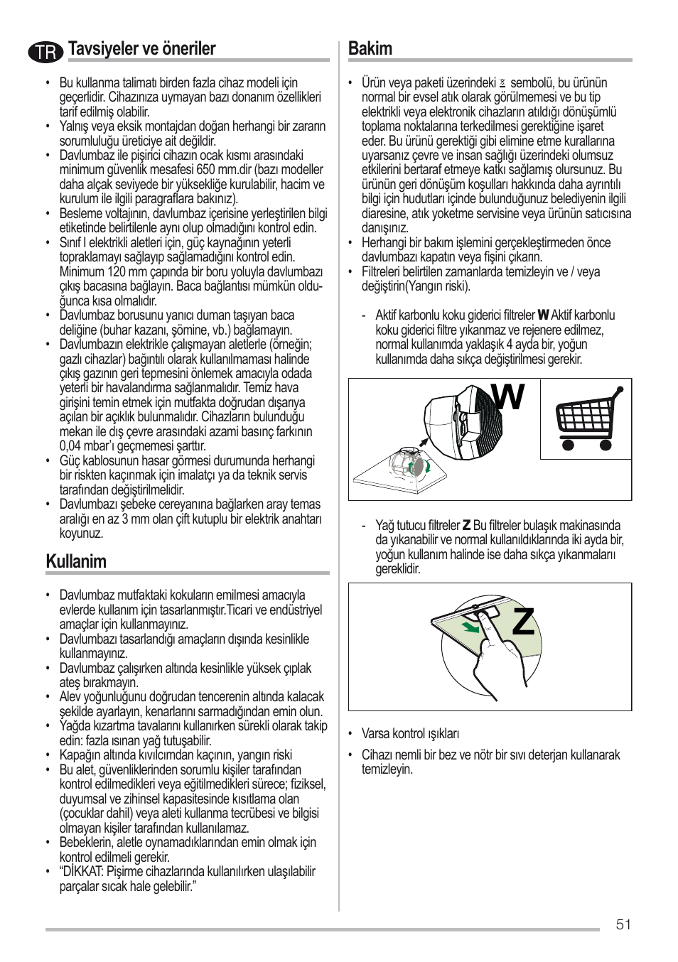 Tavsiyeler ve öneriler, Kullanim, Bakim | Zanussi ZHC6131X User Manual | Page 51 / 68