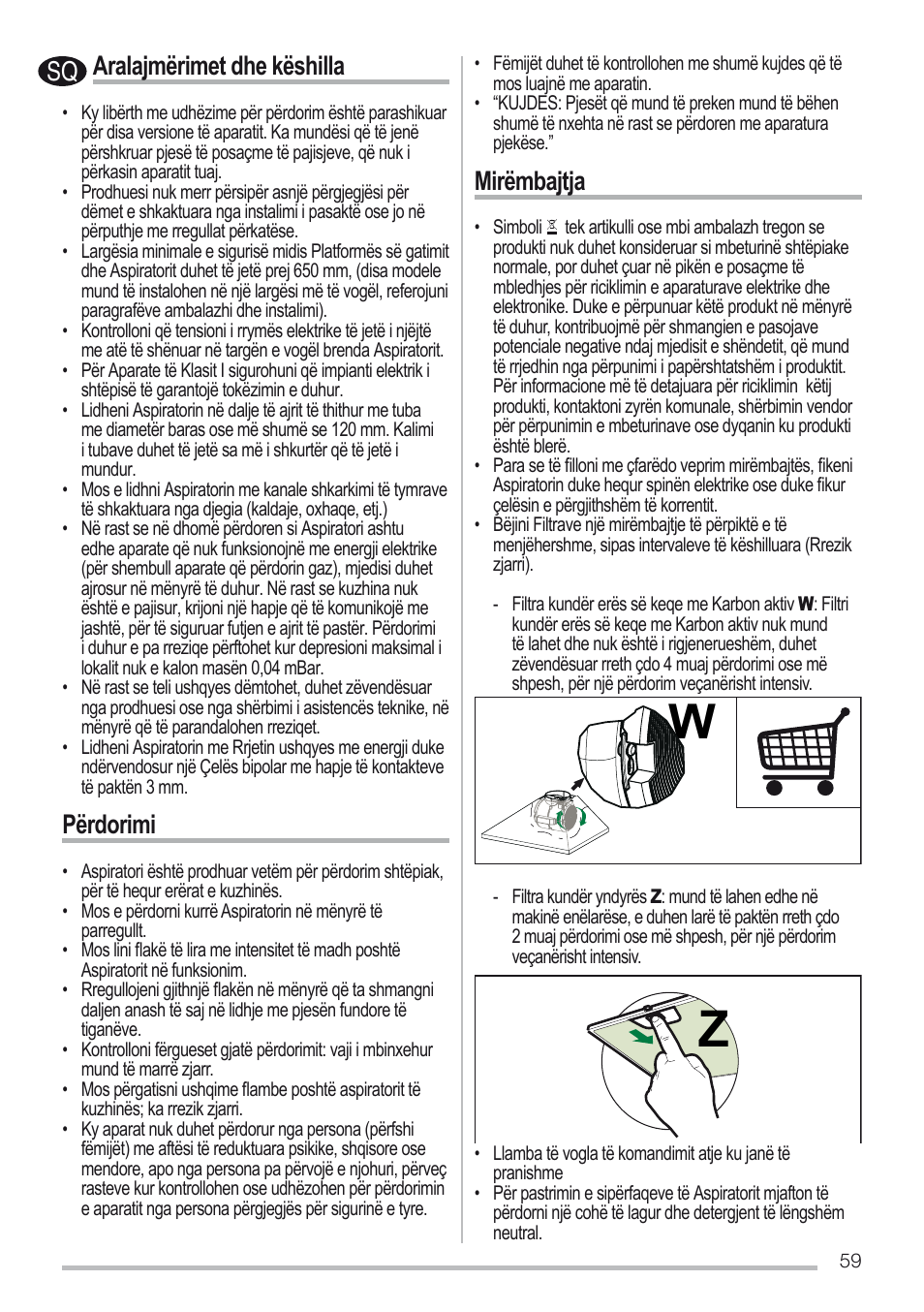 Aralajmërimet dhe këshilla, Përdorimi, Mirëmbajtja | Zanussi ZHC6131X User Manual | Page 59 / 68