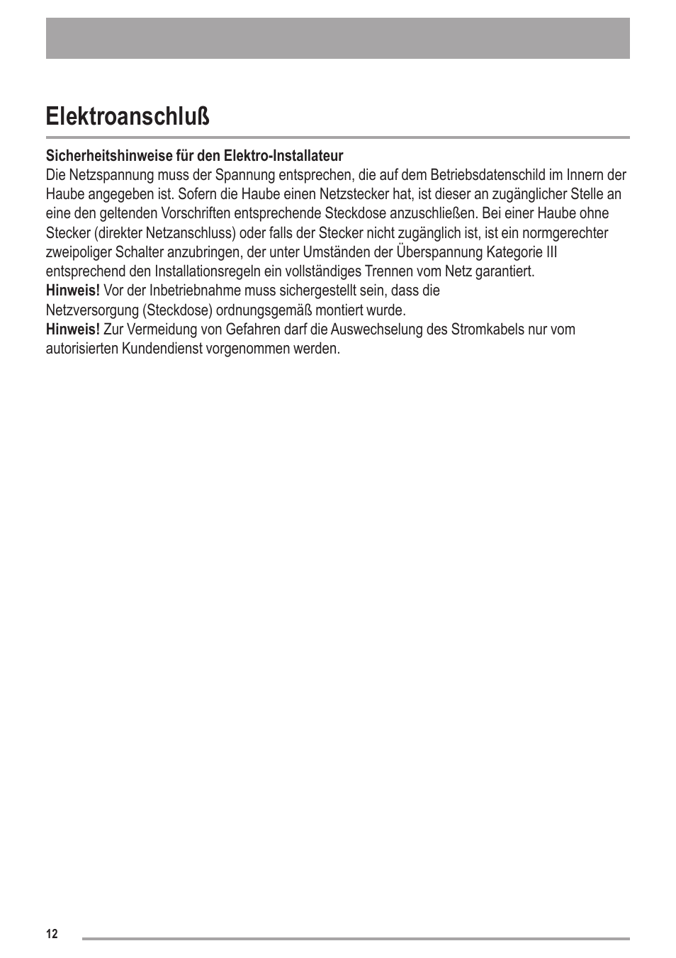 Elektroanschluß | Zanussi ZHC6121X User Manual | Page 12 / 72