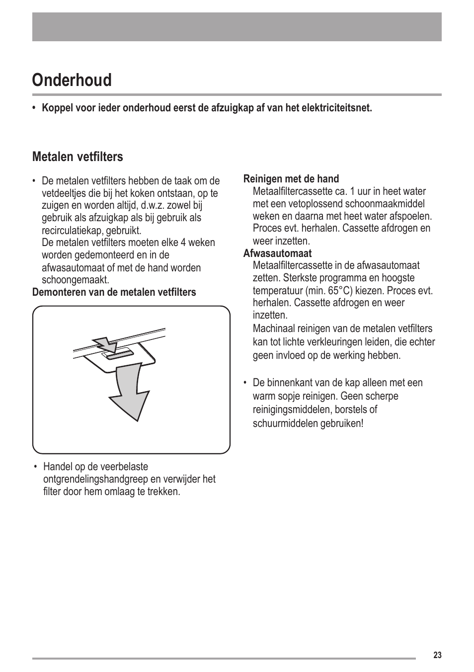 Onderhoud, Metalen vetfilters | Zanussi ZHC6121X User Manual | Page 23 / 72