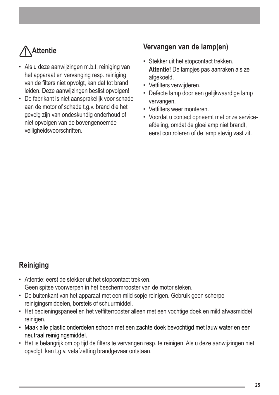 Attentie, Vervangen van de lamp(en), Reiniging | Zanussi ZHC6121X User Manual | Page 25 / 72