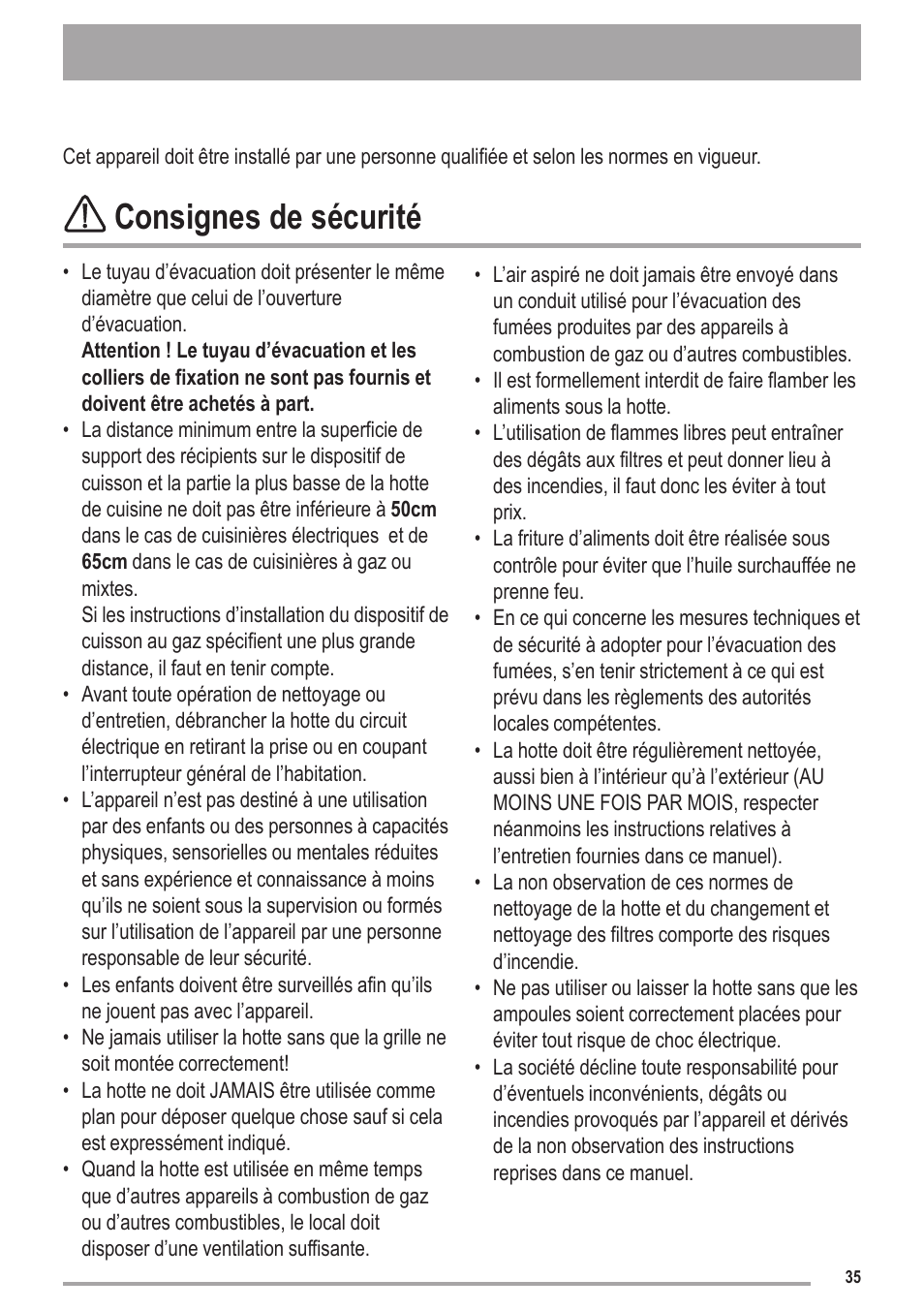 Consignes de sécurité | Zanussi ZHC6121X User Manual | Page 35 / 72