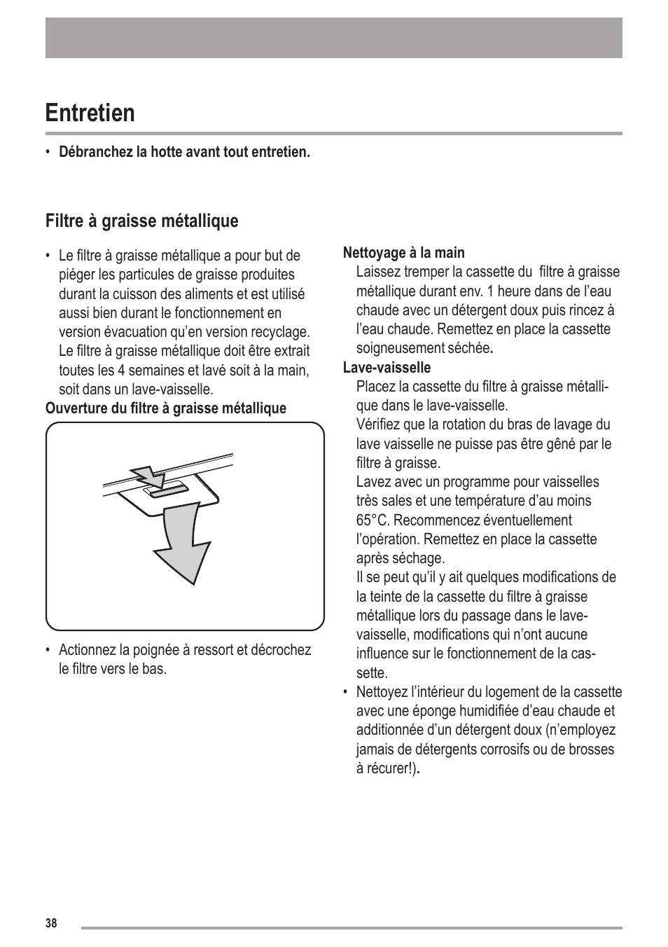 Entretien, Filtre à graisse métallique | Zanussi ZHC6121X User Manual | Page 38 / 72