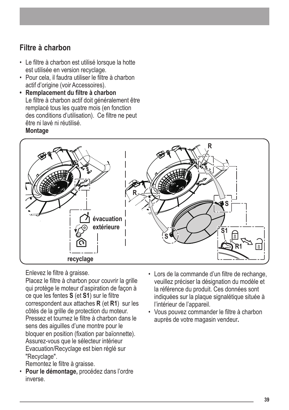 Filtre à charbon | Zanussi ZHC6121X User Manual | Page 39 / 72